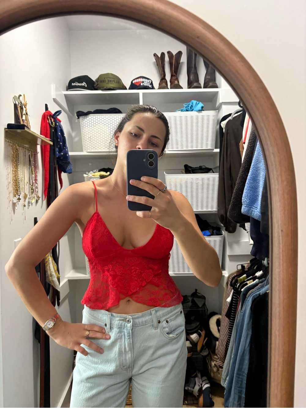 Motel Rocks Red Lace Cami with Floral Sheer Panels
